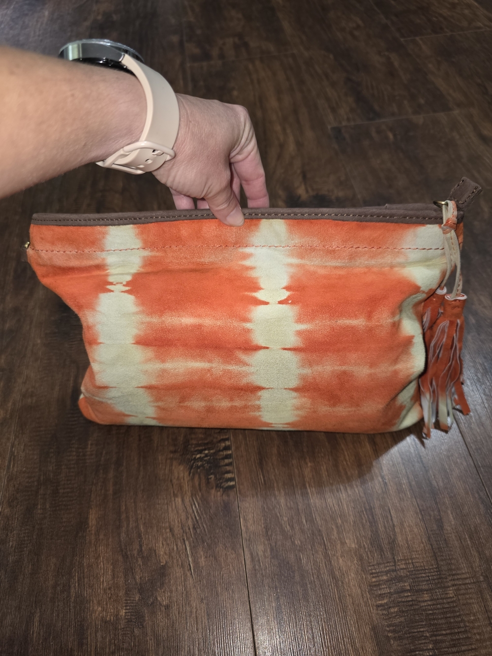 Samudra Sunset Orange Tie-Dye Canvas Pouch Clutch with Leather Tassel